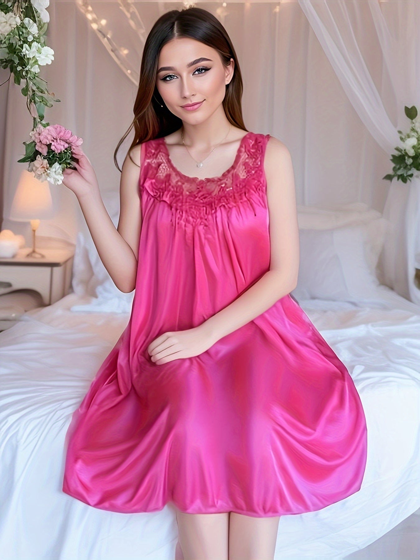 Women's Spring/Summer Ice Silk Home Wear Nightdress Dress Home Wear Lace Stitching Nightdress Comfortable Dress Nightdress