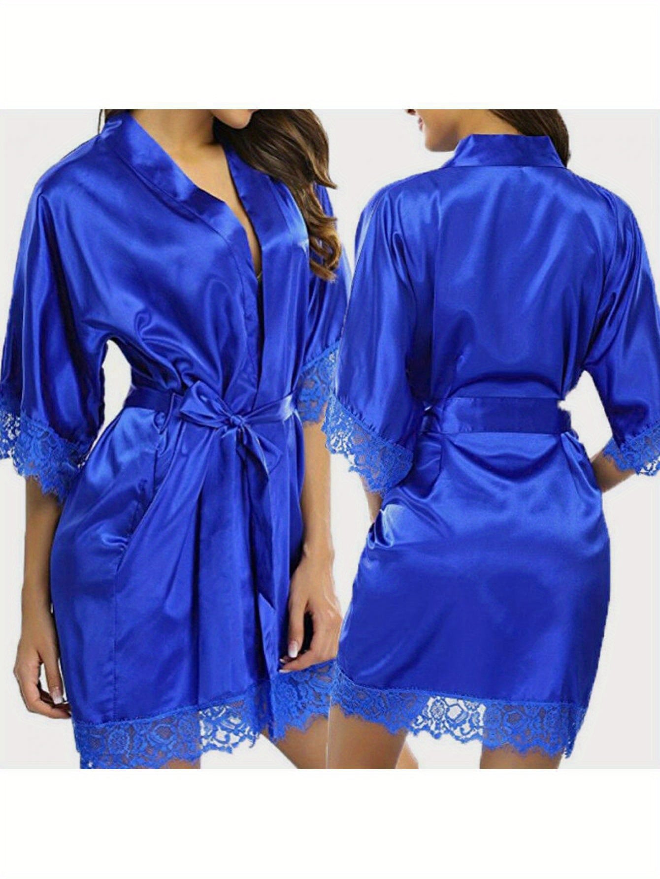 Elegant Women Satin Nightdress，V Collar Design，Inelastic，Solid Color，Polyester Fiber Nightgown，with Lace Sleeves and Removable Belt，Suitable for All Seasons