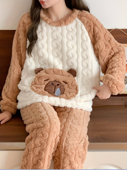 Cute Bear Pattern Fleece-lined Warm Winter Pajamas Suit - Long Sleeve Trousers，Women's Thick Thermal Pajamas