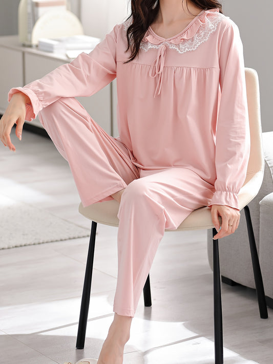 Sweet Solid Lace Trim Pajama Set, Flounce Sleeve Round Neck Tie Front Top & Pants, Women's Sleepwear