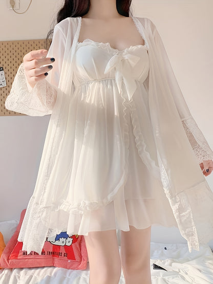 Women's Sweet Solid Color Mesh Contrast Color Lace Pajamas Suit，Long Sleeve Robe and Front Bow Sweetheart Collar Covered Sling Dress，Comfortable and Loose Autumn Version