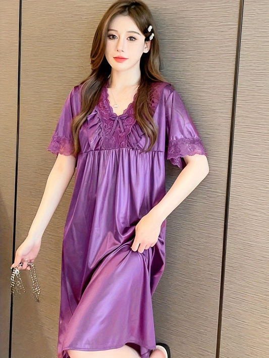 Elegant Ladies Lace V Collar Nightdress with Bowknot Details - Comfortable Short Sleeve Pajamas，Solid Color