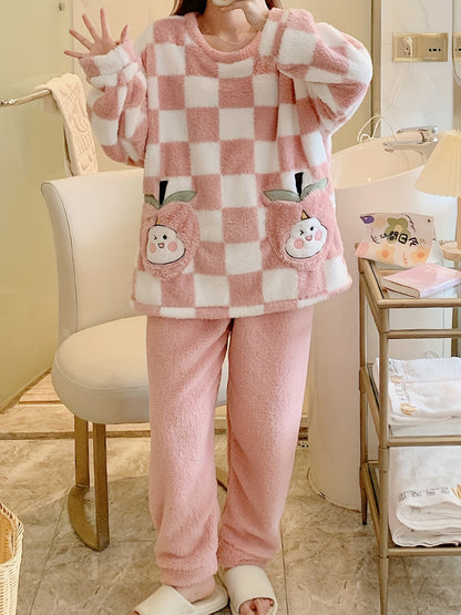 Comfortable Coral Fleece Women's Pajama Suit - Cute Pink Plaid，Thick Flannel Long-Sleeved Trousers Homewear，Suitable for Autumn and Winter