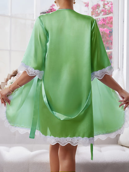 Sexy Solid Color Satin Lace Robe，Half Sleeve V Collar Nightgown with Belt，Women's Pajamas and Dress