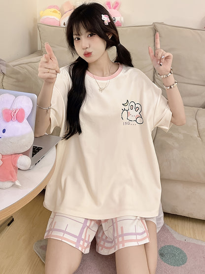 Cute Cartoon Rabbit Women's Pajama Suit - Comfortable Knitted Short Sleeves and Shorts，Machine Washable