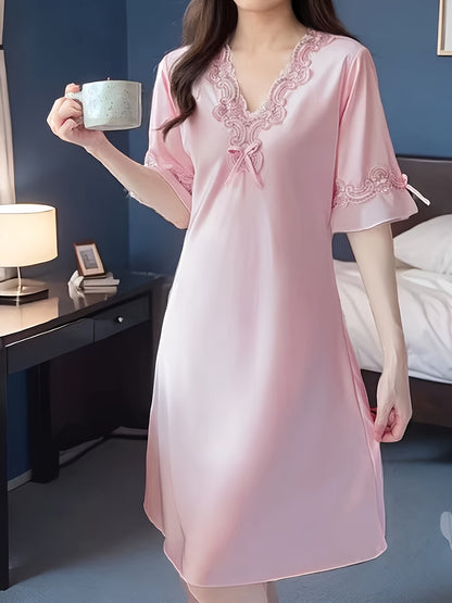 Women's Summer Chic Lace V Collar Pajamas - Soft Chiffon，Short Sleeve，Opaque Nightdress