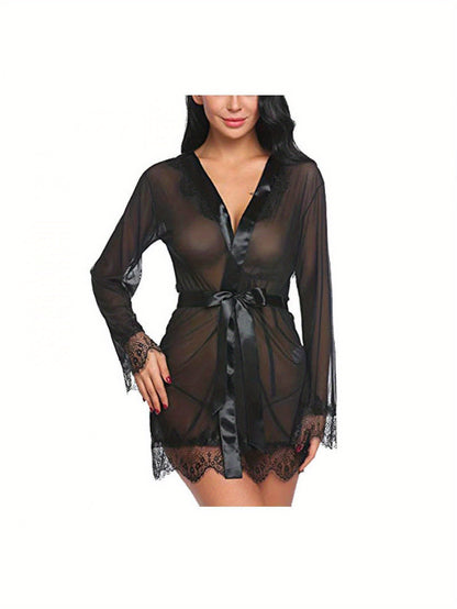 Fashion Women's Satin Lace Nightdress - V Collar，Slim Strap Belt Details，Translucent Pajamas