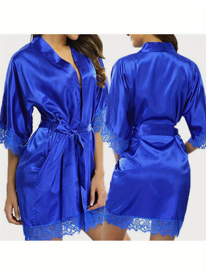 Ladies' robe，Mid-Sleeve Lace Smooth Robe，Bridesmaid Bride Party Satin Robe，Removable Belt Pajamas