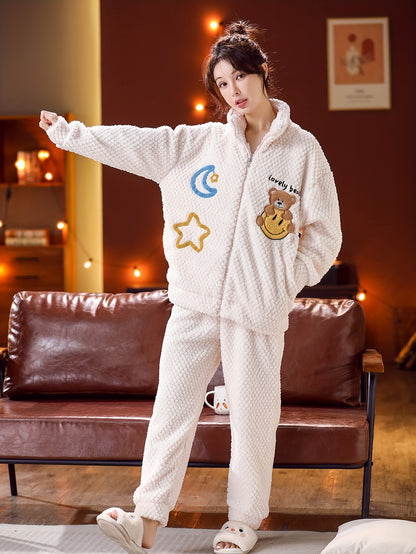 Lady Cute Bear&Moon and XINGX Pattern Wool Extra Thick Casual Suit，Long Sleeve Zipper Mock Neck Pocket Top and Pants，Comfortable and Loose Suitable for Autumn and Winter