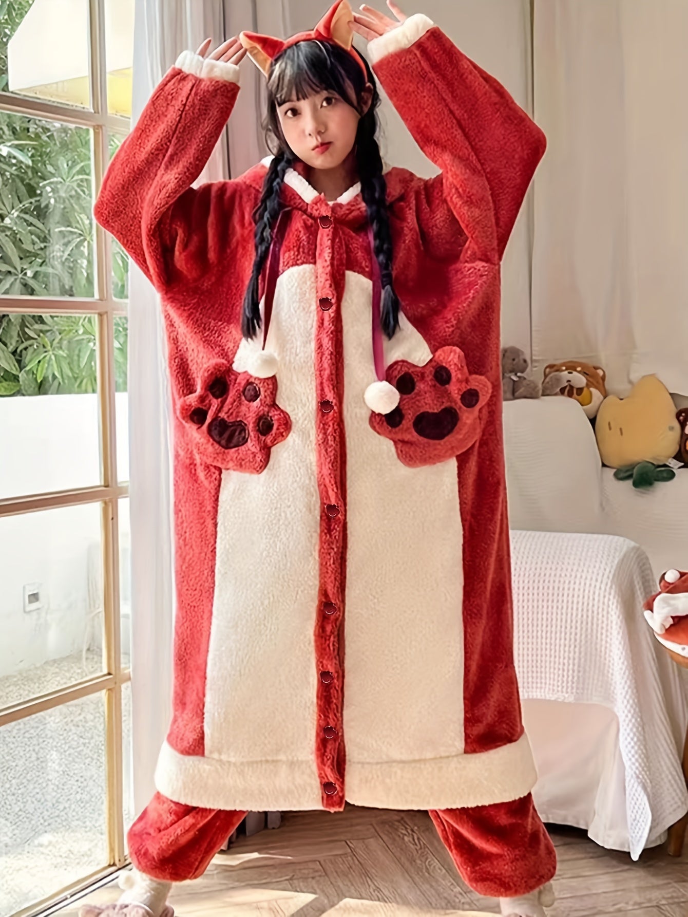 Autumn and Winter Cute Cartoon Fox Plush Thick Night-Robe，Long Sleeve Hooded Loose Pockets Nightgown，Women's Pajamas and Dress