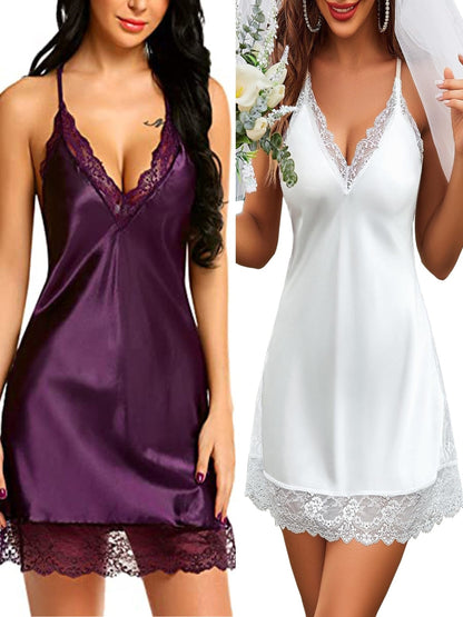 2Women's Sexy Lace Pajamas，V Collar and Satin Slip Dress and Adjustable Shoulder Strap Design，Solid Color，All-Season Pajamas，Ultimate Comfort