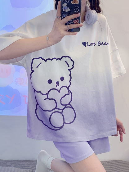 Cute Little Bear and Letter Print Gradient Loose Design Pajamas Suit，Short Sleeve round Neck Top and Elastic Shorts，Women's Pajamas