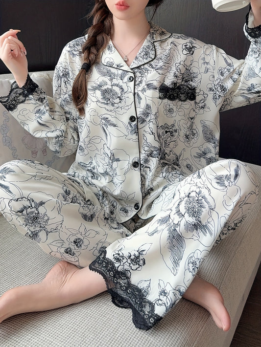 Women's Long-Sleeved Pajamas Printed Lace Cardigan Suit Homewear