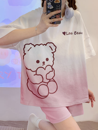 Cute Little Bear and Letter Print Gradient Loose Design Pajamas Suit，Short Sleeve round Neck Top and Elastic Shorts，Women's Pajamas