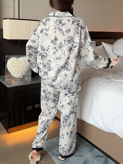 Women's Long-Sleeved Pajamas Printed Lace Cardigan Suit Homewear