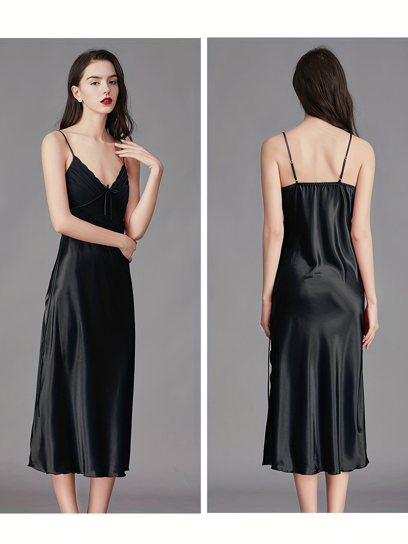 Women Satin Pajamas Sexy Sleepwear Slim Shoulder Strap Stacked Neck Elegant Long Satin Sling Mid-Length Dress