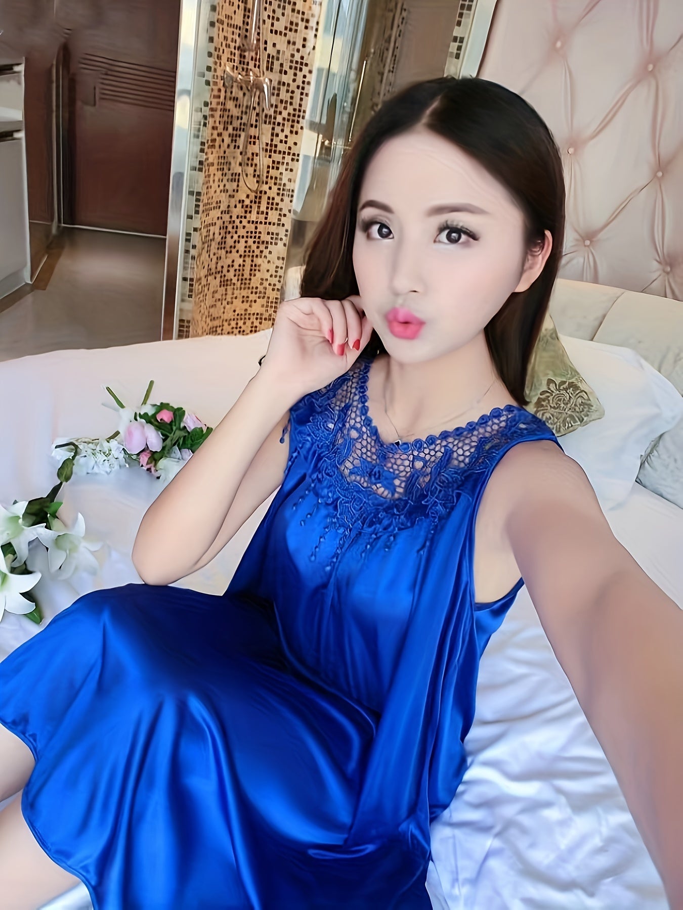 Women's Spring/Summer Ice Silk Home Wear Nightdress Dress Home Wear Lace Stitching Nightdress Comfortable Dress Nightdress