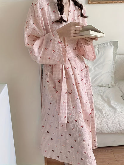 Dream night，Elegant Women's Long Pajamas - V Collar，Floral Printed Tape Lace-up Details，Machine Washable - Perfect Choice for Spring and Autumn