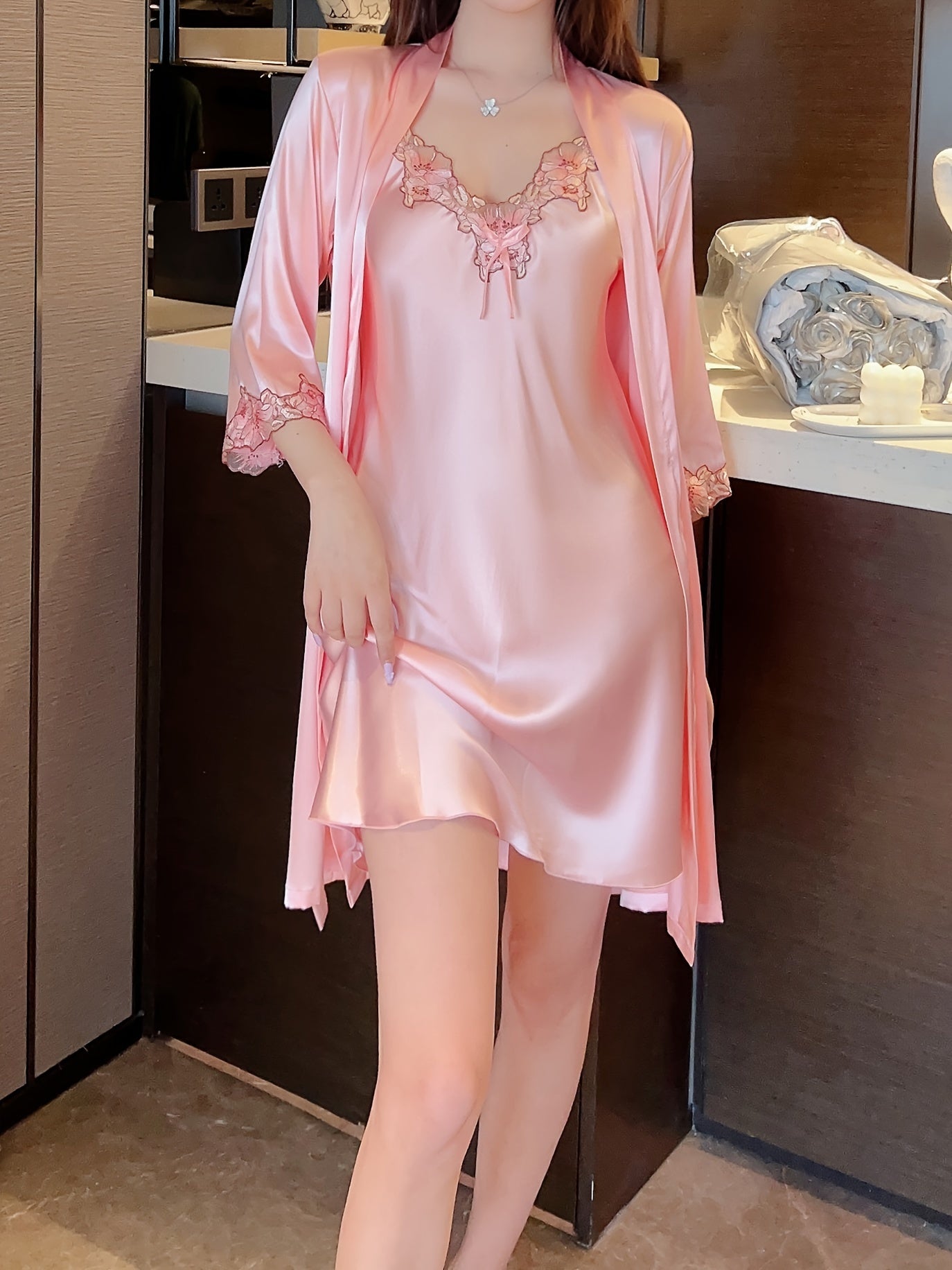 Women's Fashion Pajamas Suit with Belt - V Collar Suspender Dress&Three-Quarter Sleeve Robe，Soft Polyester Blending，Perfect Choice for Spring and Summer