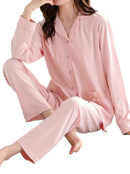 Women's Sweet Solid Lace Trim Pajama Set, Long Sleeve Buttons Lapel Pocketed Top & Pants, Comfortable Relaxed Fit