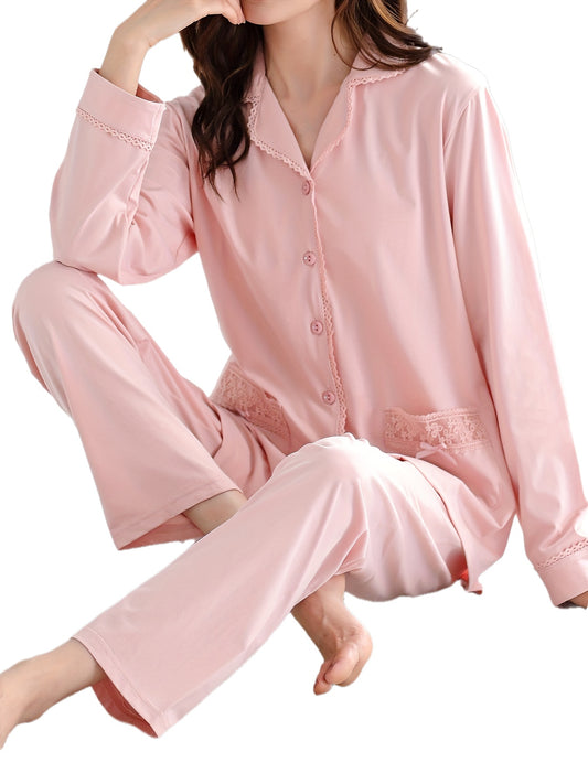 Women's Sweet Solid Lace Trim Pajama Set, Long Sleeve Buttons Lapel Pocketed Top & Pants, Comfortable Relaxed Fit