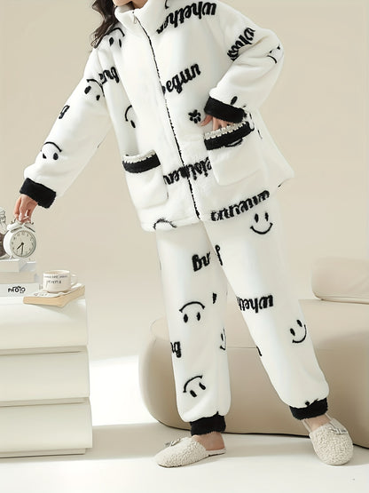 Women's Comfortable Fleece Lined Pajamas Suit，with Happy Face and Letter Printing - Long Sleeve Zip Top and Pants，Autumn and Winter Warm Loungewear