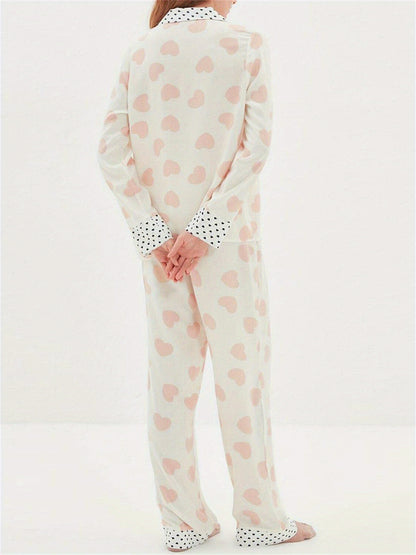 Ladies2Heart-Shaped Spotted Printed Pajamas Suit Long Sleeve Button Top Elastic Waist Trousers Pajamas Suit