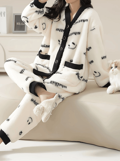 Cozy Cartoon Printed Women's Pajama Suit - Thick fleece V Collar Cardigan and Trousers，Machine Washable