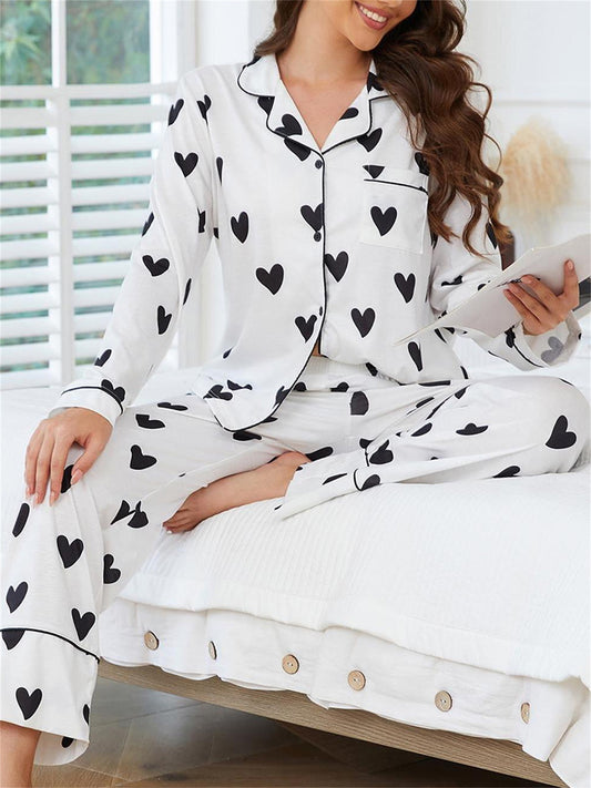 Fashion Women's Heart Shape Printed Pajamas Suit - Long Sleeve Button Top and Elastic Belt Pants，Four Seasons Comfortable Polyester Pajamas