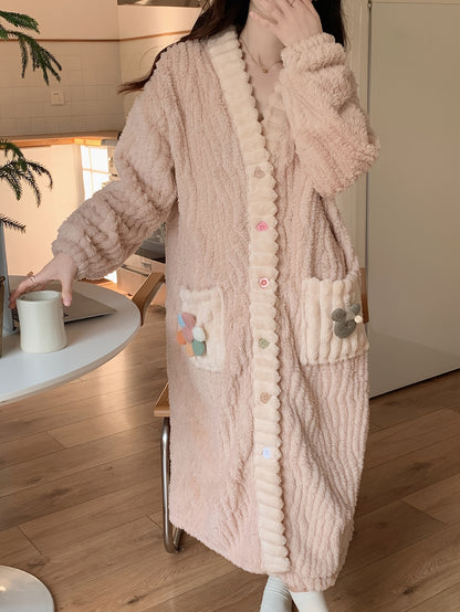 Women's Coral Fleece Robe，Plush Thermal Buttons with Pockets V Collar Homewear，Autumn and Winter Soft and Lovely Homewear - Pants Not Included