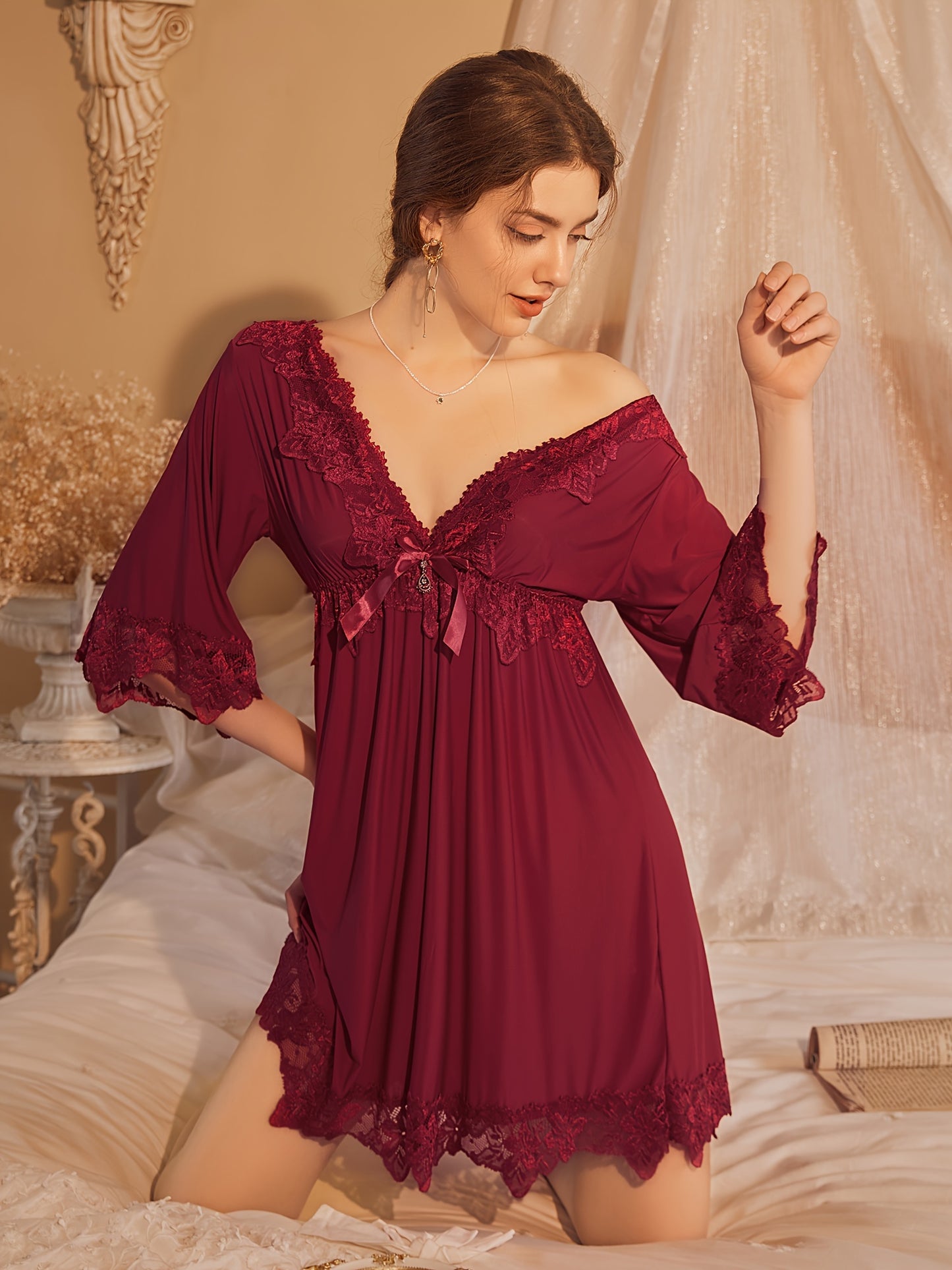 Women's Elegant Solid Color Lace Trim Pajamas Dress，3/4 Sleeve V Collar Waist Dress，Comfortable Pajamas