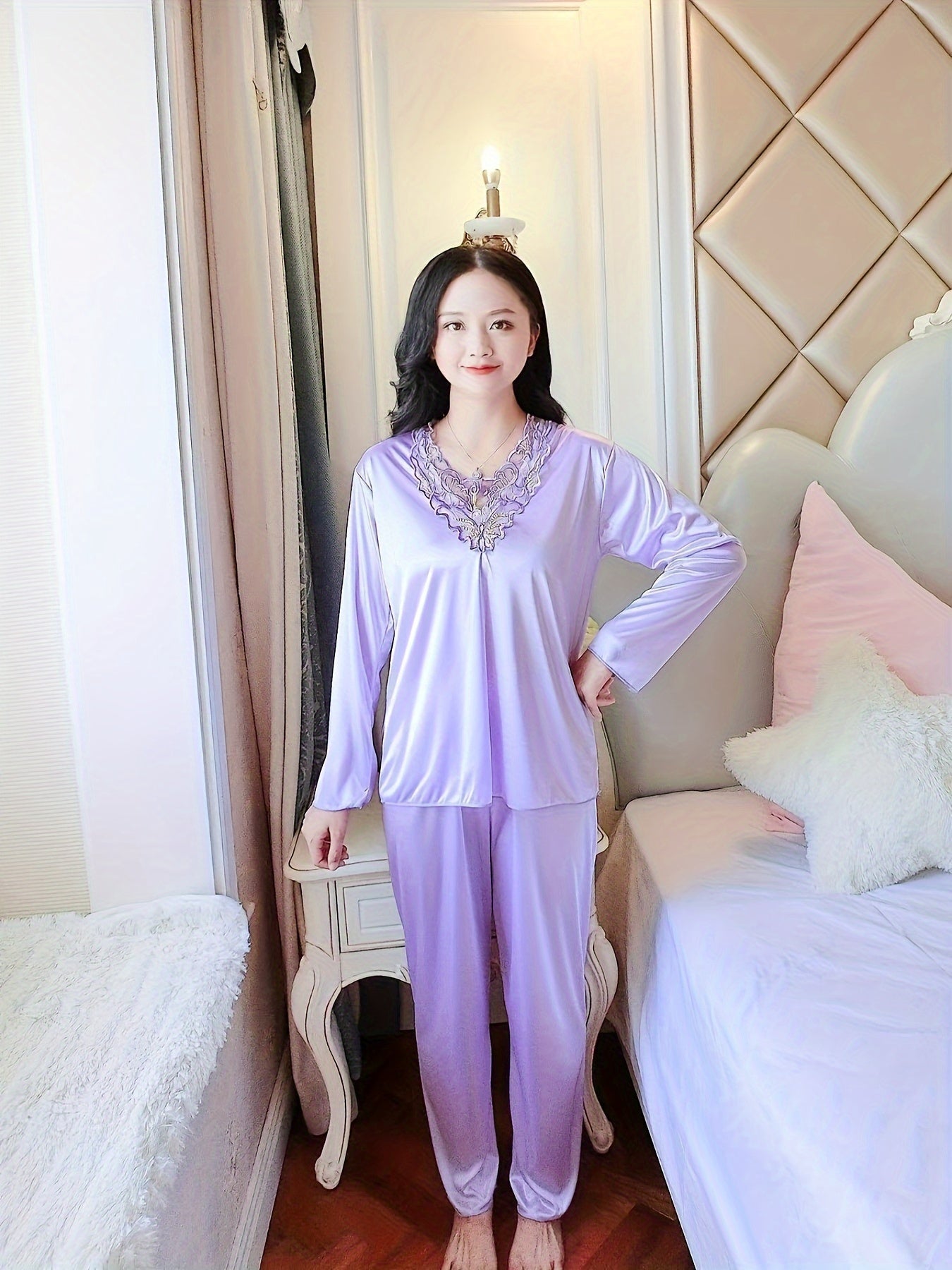 Women's Autumn and Winter Long-Sleeved Lace Satin Pajama Pants Suit，Fashion Comfortable Pajamas Suit，2Pajamas Set，Elegant Style，Autumn and Winter