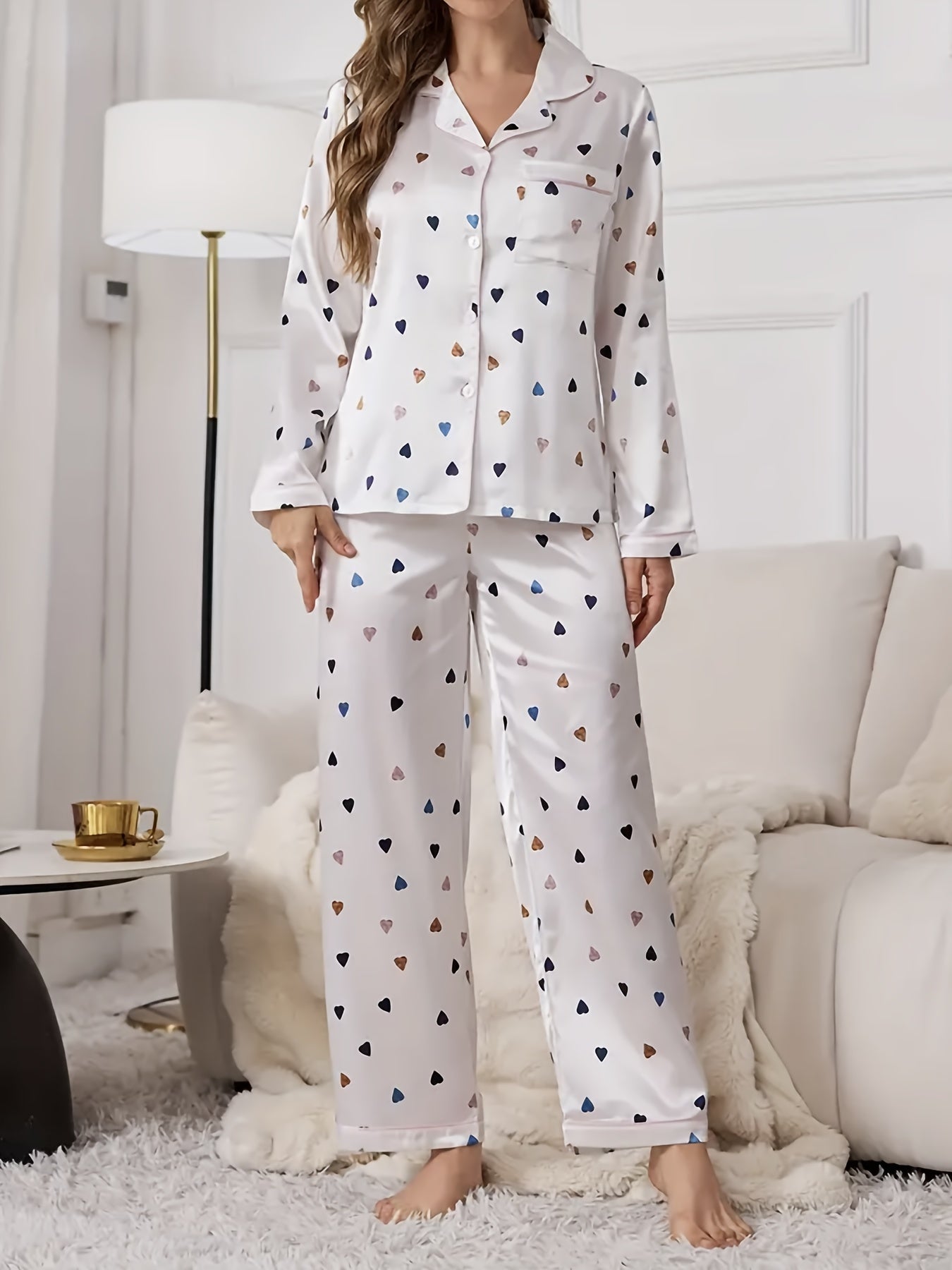 Women's Heart Shape Printed Satin Casual Pajamas Suit，Long Sleeve Button Polo Collar Top and Pants，Autumn Comfortable Loose Style