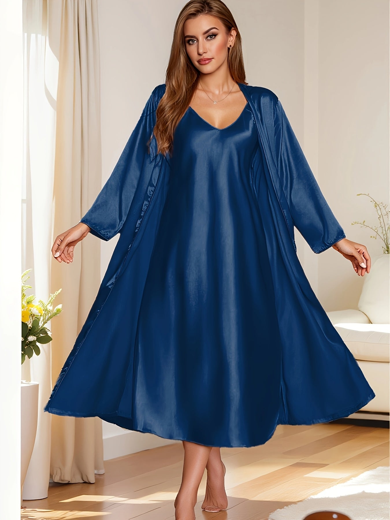 Autumn and Winter Luxury Women's Satin Pajamas Suit Soft Long Sleeve Robe V Collar Sling Dress Comfortable Loose Cut Elegant Solid Color Women's Pajamas Comfortable Home Casual Wear