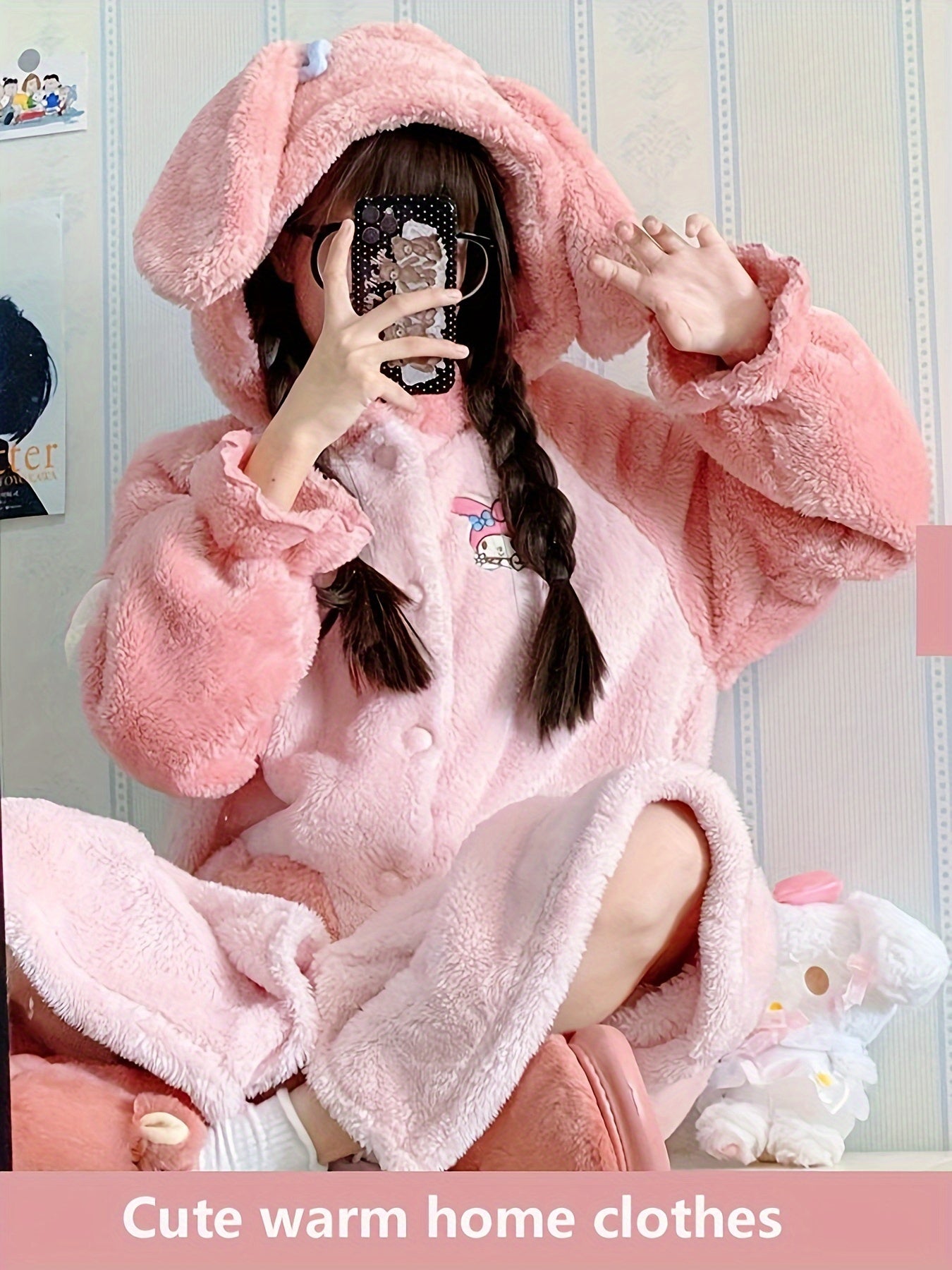 [Authorization] Sanrio Homewear Women's Plush Thickened Long Nightdress，Cinnamoroll Babycinnamoroll Coral Velvet Pajamas Long Sleeve Pajamas Thickened Thermal Coral Fleece Homewear，Sweet Cute Pajamas Outerwear Homewear Nightdress