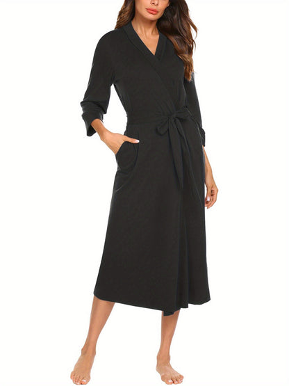 Elegant V Collar Women Bathrobe - Lightweight Viscose Fiber Loungewear Gown，Lace up，Knitted Spa Style，Long Straight Skirt，Suitable for All Seasons3/4Sleeve