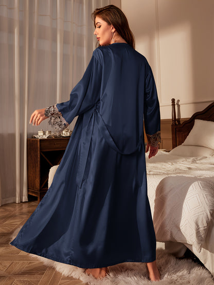 Contrast Color Lace Satin Pajamas Suit，Long Sleeve Robe with Belt and V Collar Strap Dress，Women's Pajamas and Homewear