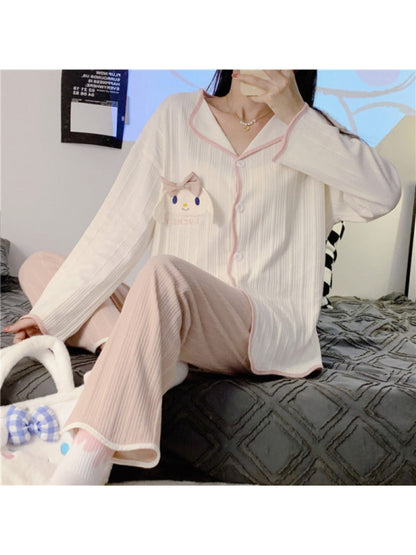 2Pieces Sanrio Women's pajama suit，Sweet Lapel Long Sleeve Top with Bowknot and Embroidered Dog，Solid Color Polyester Knitted Fabric，Trousers，Spring and autumn pajamas