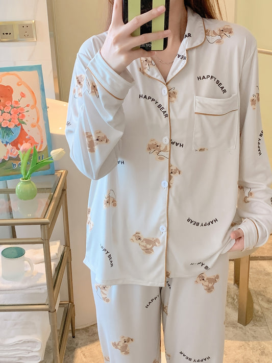 Cartoon Bear Print Pajamas Suit，Lovely Lapel Long Sleeve Shirt and Elastic Waist Belt Pants，Ladies' Homewear and Pajamas