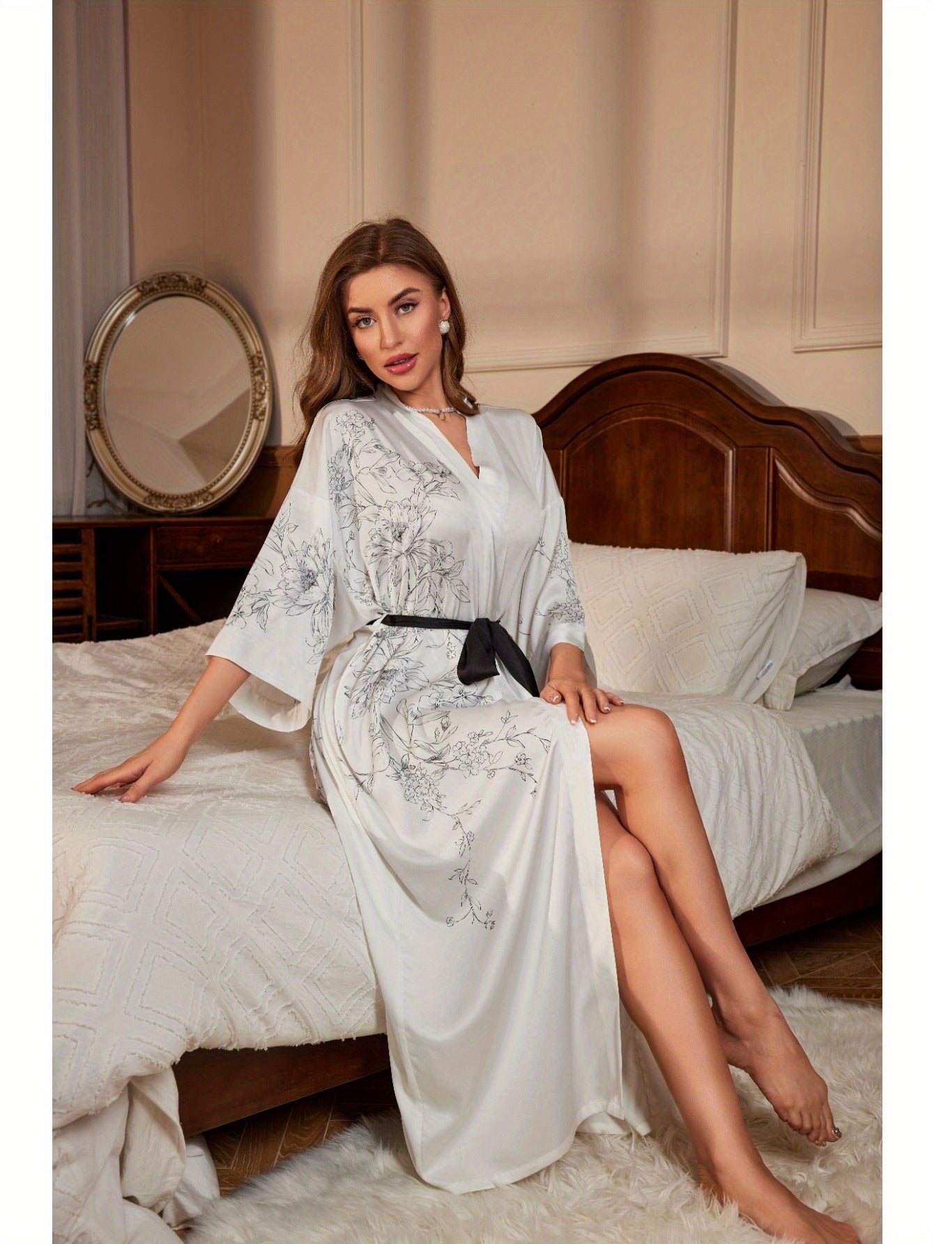 Women's Long Kimono Bathrobe Floral Silk Bathrobe Satin Bathrobe Pajamas Printed Silk Nightgown Wedding Bathrobe