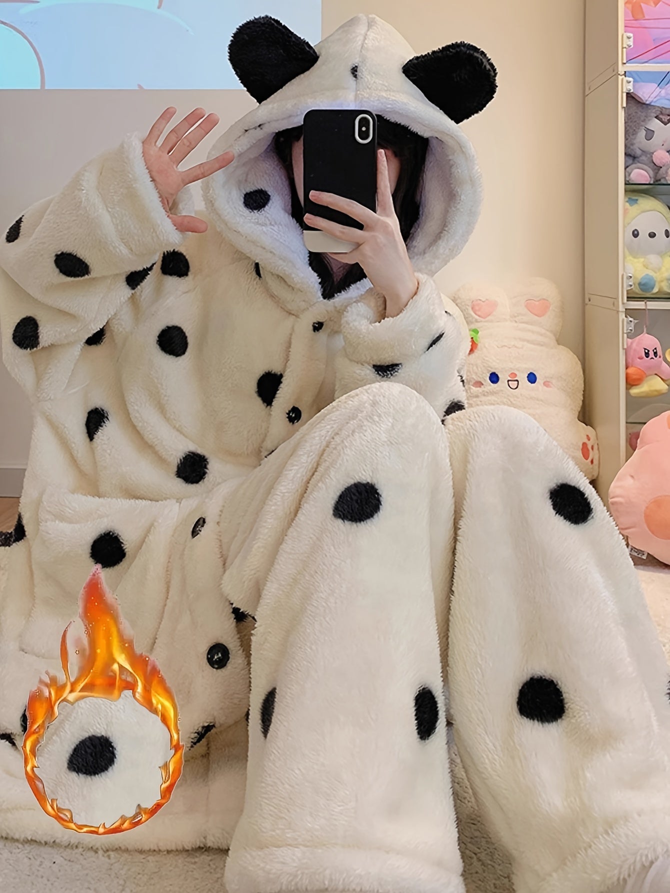 A Comfortable Suede Long-Sleeved Pajamas with Cartoon Bear Print，with Hat and Pocket Homewear，Fall winter fashion，Adult Size