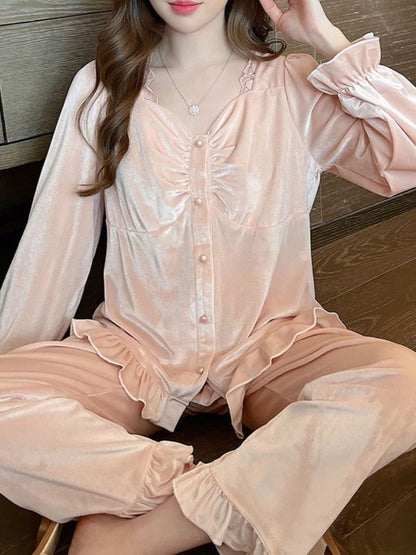 Women's Elegant Pink Velvet Pajamas Suit，Soft Square Collar，Matching Contrast Lace Details，Long Sleeve，Comfortable Elastic Waist Pants，Polyester and Ternary Fiber Mixture，Knitted Fabric，Autumn and Winter