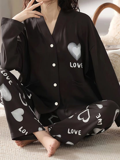 Women's Casual Pajamas Suit，Long Sleeve V Collar Cartoon，With Heart Shape and Heart Printing，Polyester Knitted Fabric，Four Seasons Leisure Clothing，Including Trousers，Comfortable Pajamas Suit