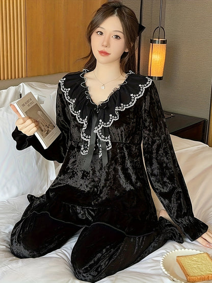 Elegant Velvet Women's Pajama Suit，Lace Trim & Removable Chest Pad - V Collar，Long Sleeve，Ruffled Hem - Spring, Autumn and Winter Perfect Choice