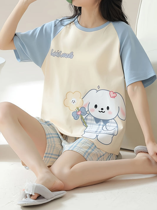 Ladies Cartoon Puppy and Floral Print Loose Pajamas Suit，Short Sleeve round Neck Top and Plaid Shorts，Comfortable Casual Style