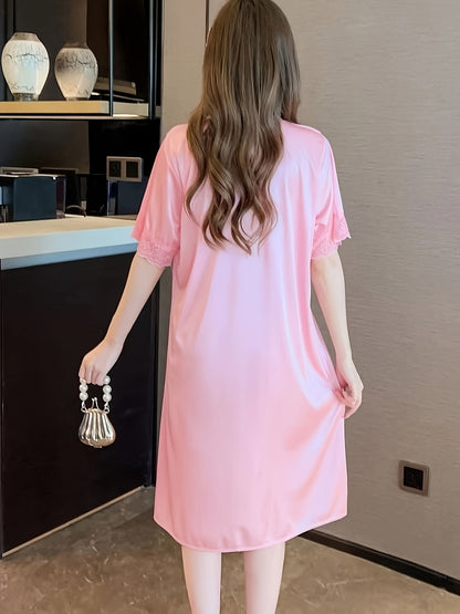 Elegant Ladies Lace V Collar Nightdress with Bowknot Details - Comfortable Short Sleeve Pajamas，Solid Color