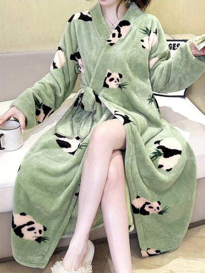 Women's Thick Flannel Warm Nightdress，Medium Long Sleeve Panda Printing Nightgown，Cardigan Bathrobe，Chinese style han costume