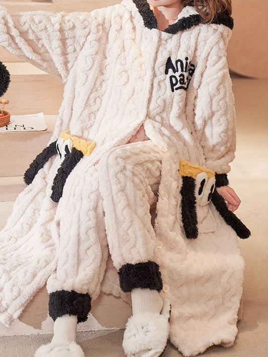 A Set of Women's Cute Cartoon Animal Party Flannel Pajamas Suit - Long Sleeve Hooded Gown with Pockets，Knitted Fabric，Adult Autumn and Winter Casual Wear