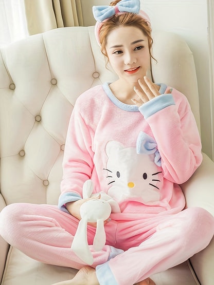 Triple Cute Winter Flannel round Neck Pajamas Coral Velvet Home Ladies Two-Piece Set