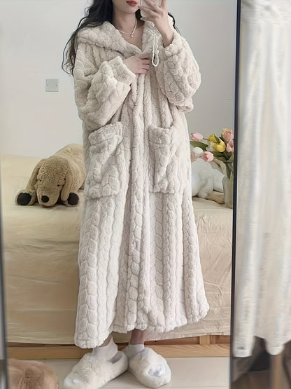 Autumn and Winter Casual Solid Jacquard Wool Extra Thick Nightgown，Long Sleeve Hooded Button Robe，with Pocket，Women's Pajamas and Dress